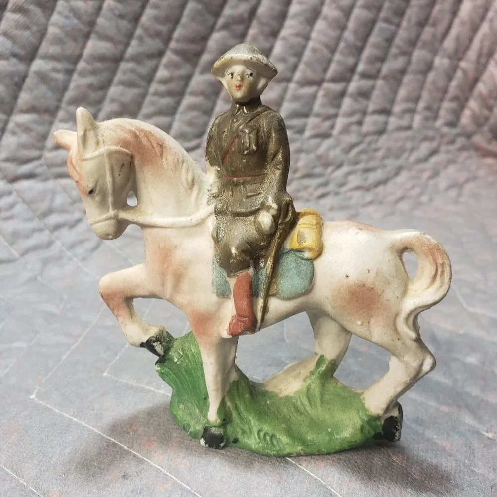 Vintage Made in Japan Bisque Cavalry Soldier Horse Figurine Military Decor 3.5